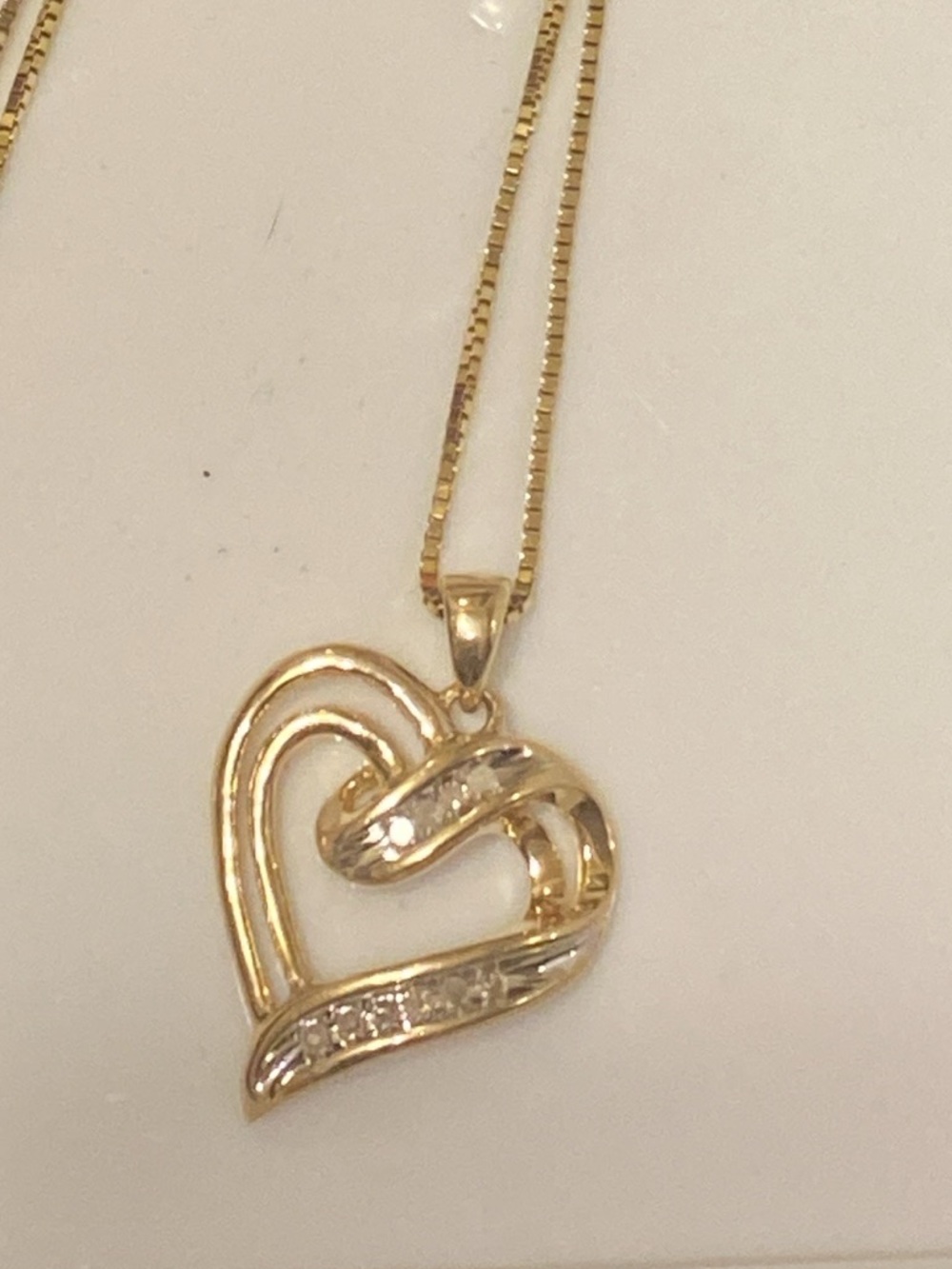 10K Solid Yellow Gold Diamond Ribbon Heart Pendant with Diamond Accents. - Picture 6 of 16